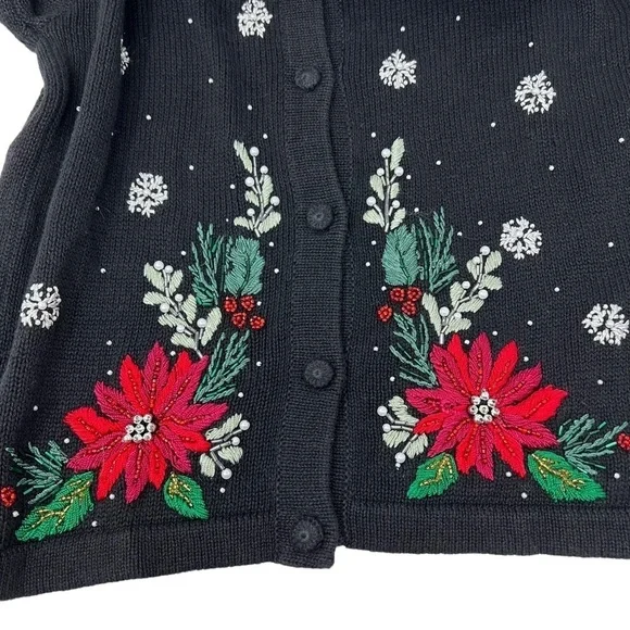 Victoria Jones Embellished Poinsettia Snow Flake Cardigan Removable Fur Collar M - Picture 8 of 14